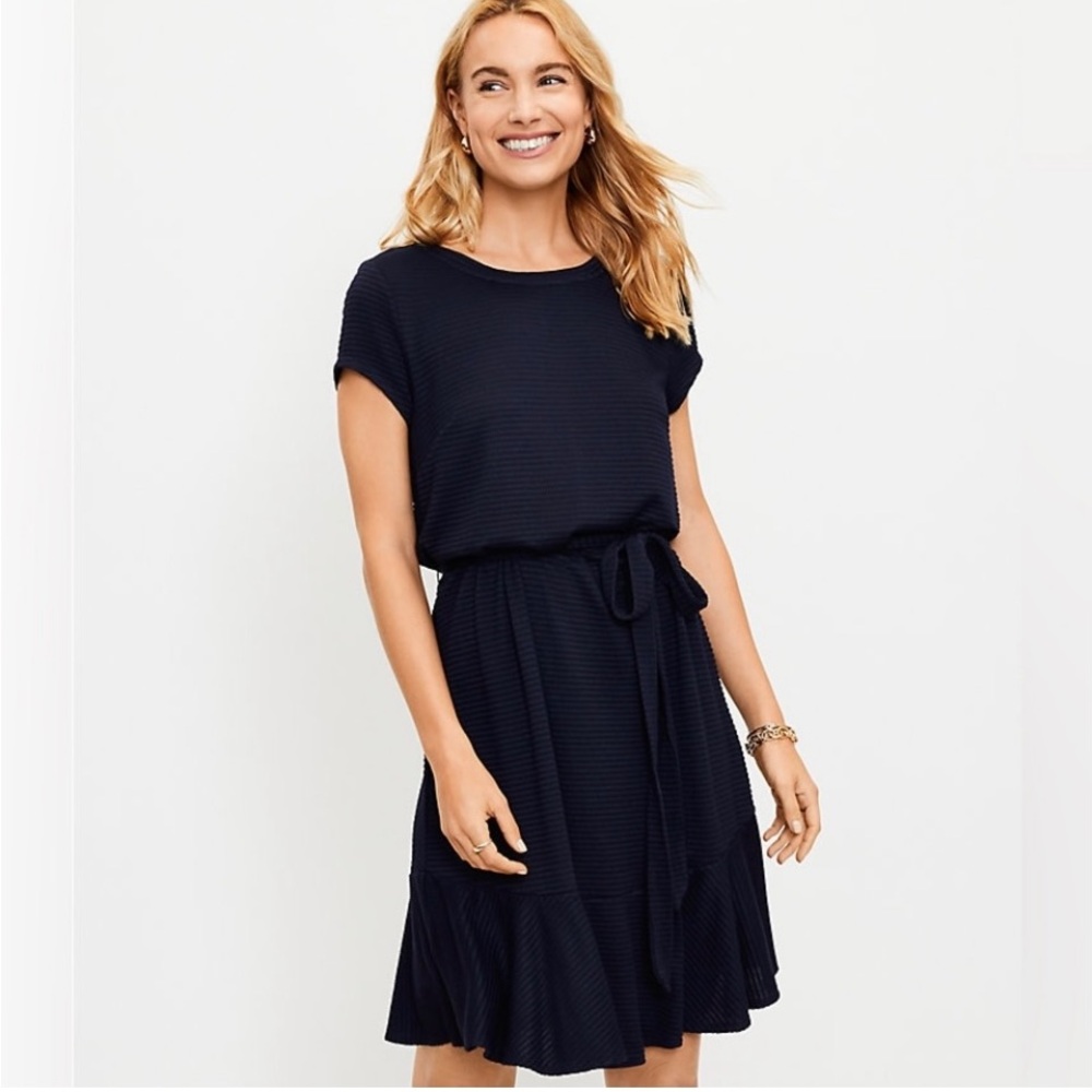 LOFT Navy Blue Midi Dress with Tie Waist